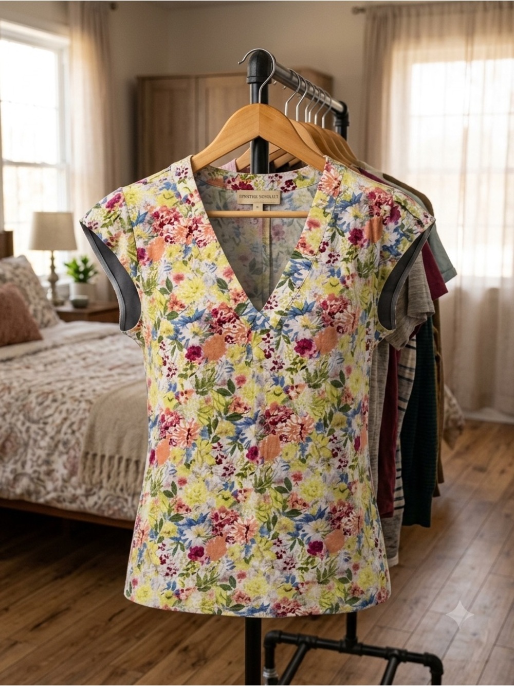 Cynthia Rowley Yellow Multicolor Floral V-Neck Cap Sleeve Top